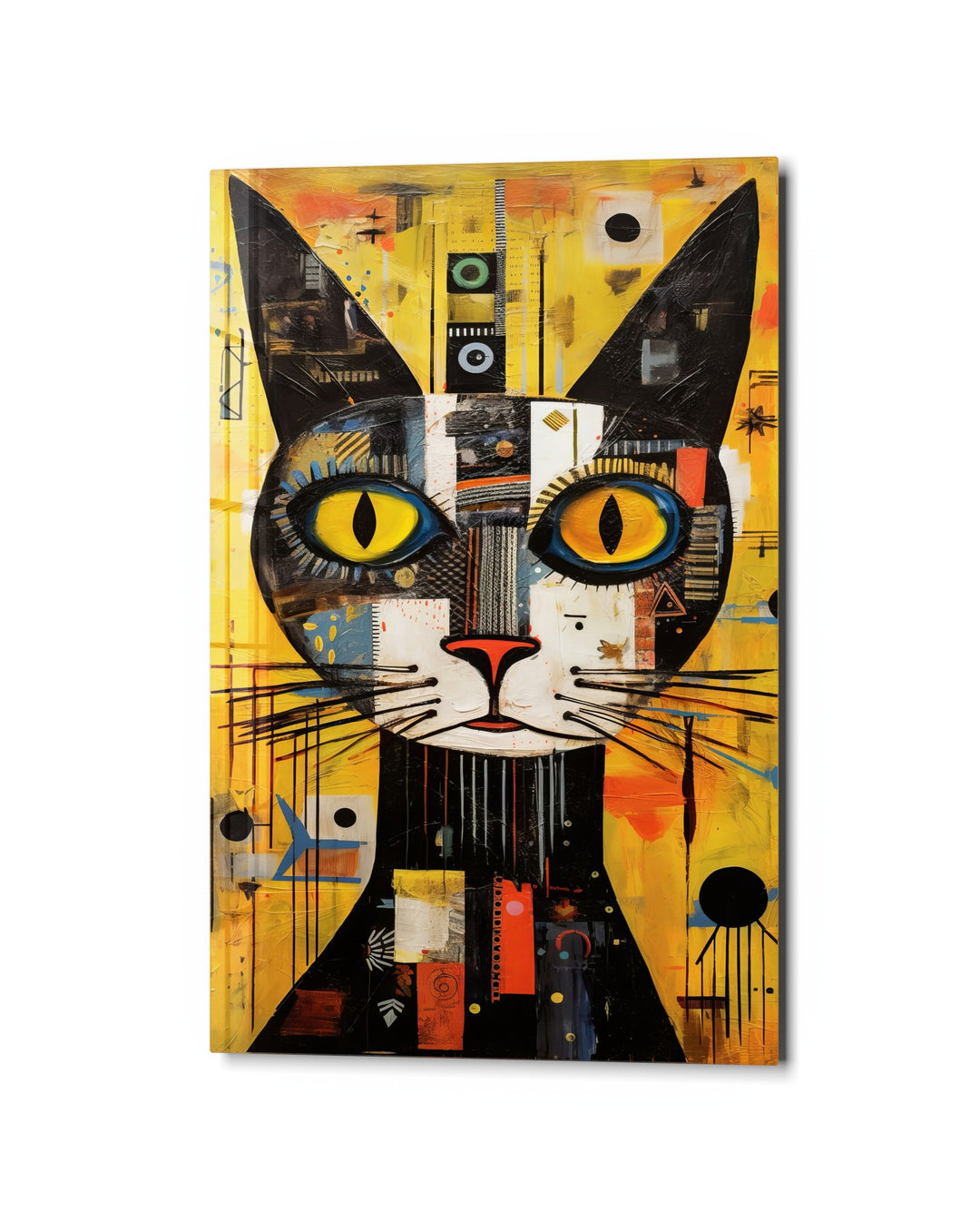 Yellow-Eyed Collage Cat glass wall art, studio view