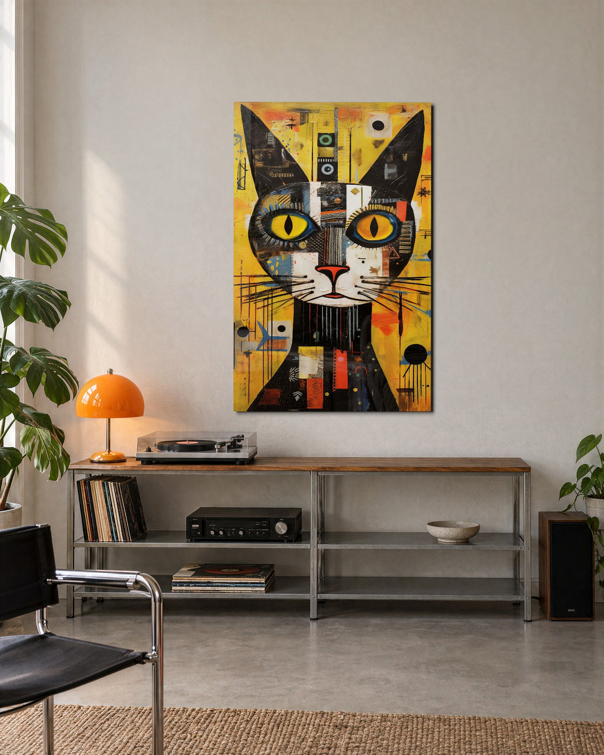 Yellow-Eyed Collage Cat glass wall art, lifestyle view
