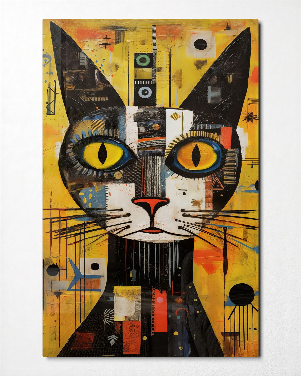 Yellow-Eyed Collage Cat glass wall art, front view