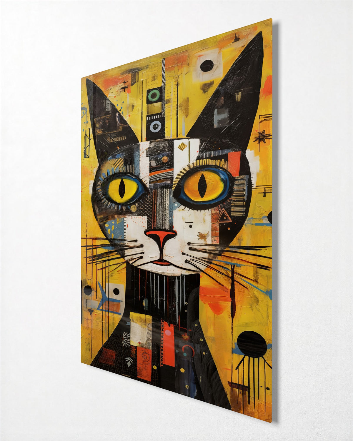 Yellow-Eyed Collage Cat glass wall art, side view
