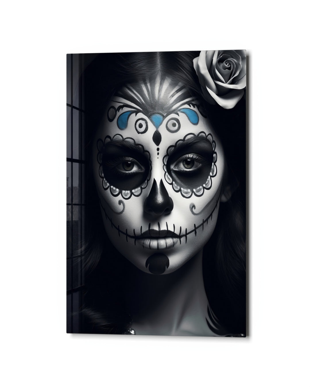 Sugar Skull Portrait glass wall art, studio view