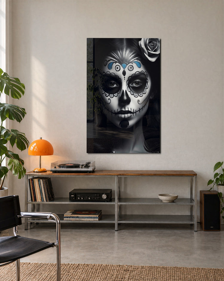 Sugar Skull Portrait glass wall art, lifestyle view