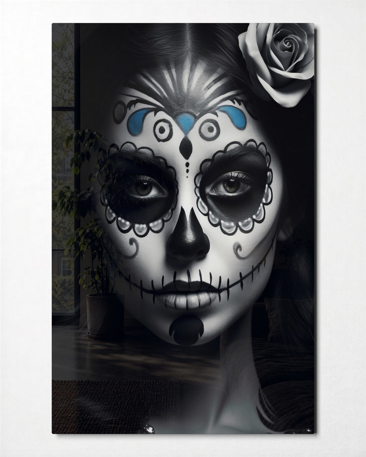 Sugar Skull Portrait glass wall art, front view