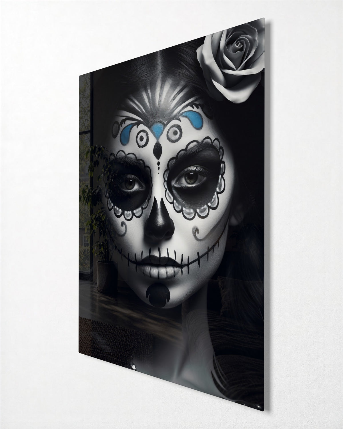 Sugar Skull Portrait glass wall art, side view