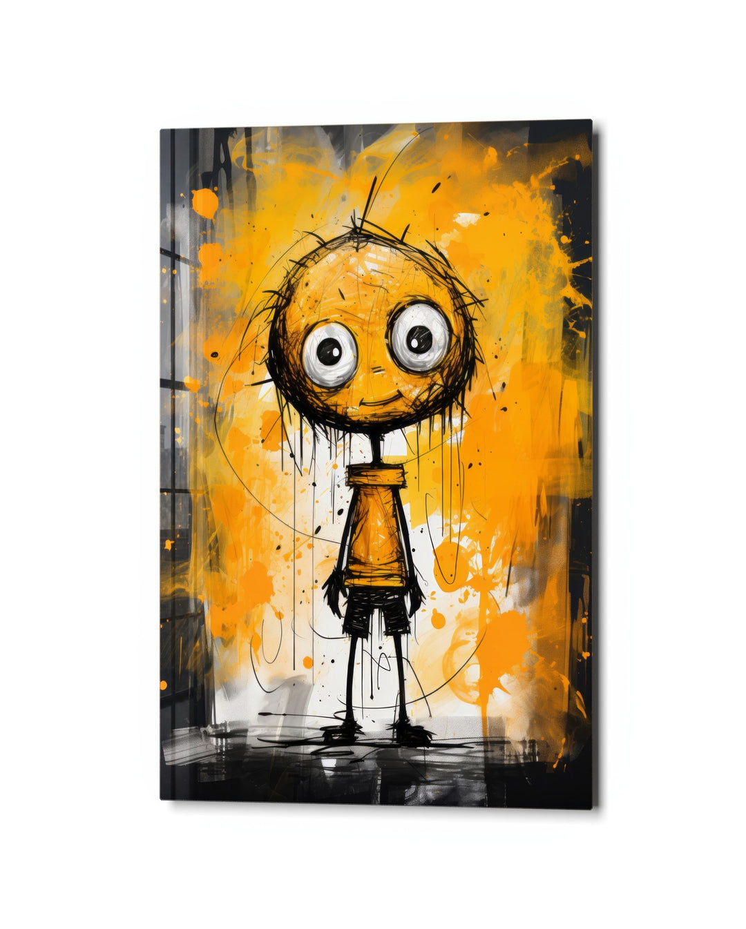 Wide-Eyed Kid in Orange glass wall art, studio view