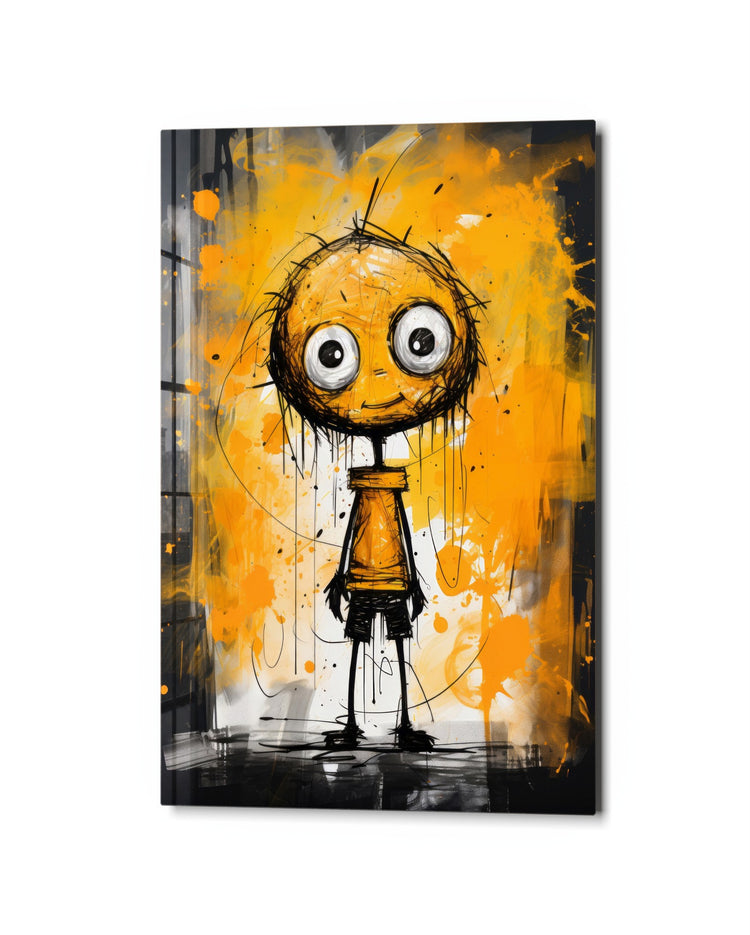 Wide-Eyed Kid in Orange glass wall art, studio view