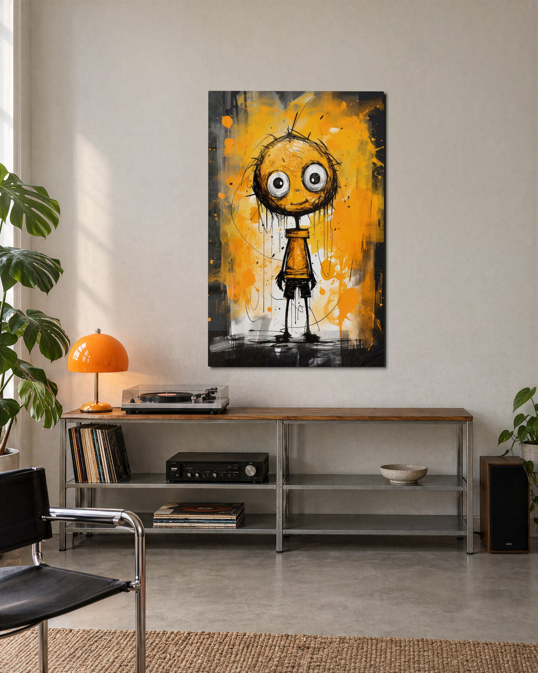 Wide-Eyed Kid in Orange glass wall art, lifestyle view