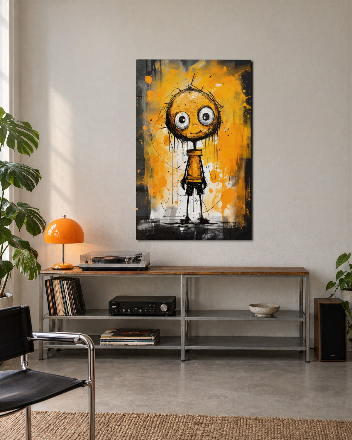 Wide-Eyed Kid in Orange glass wall art, lifestyle view
