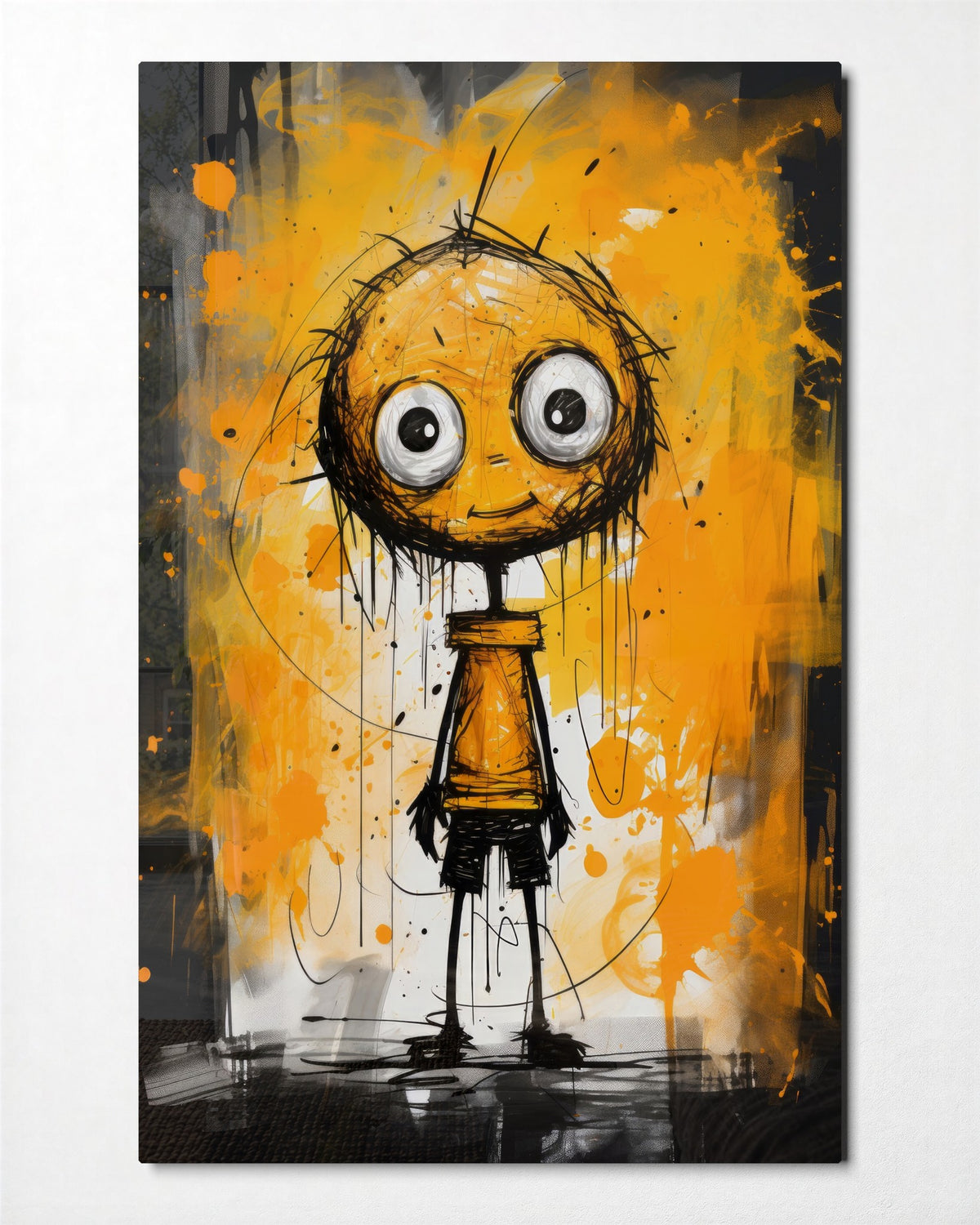 Wide-Eyed Kid in Orange glass wall art, front view
