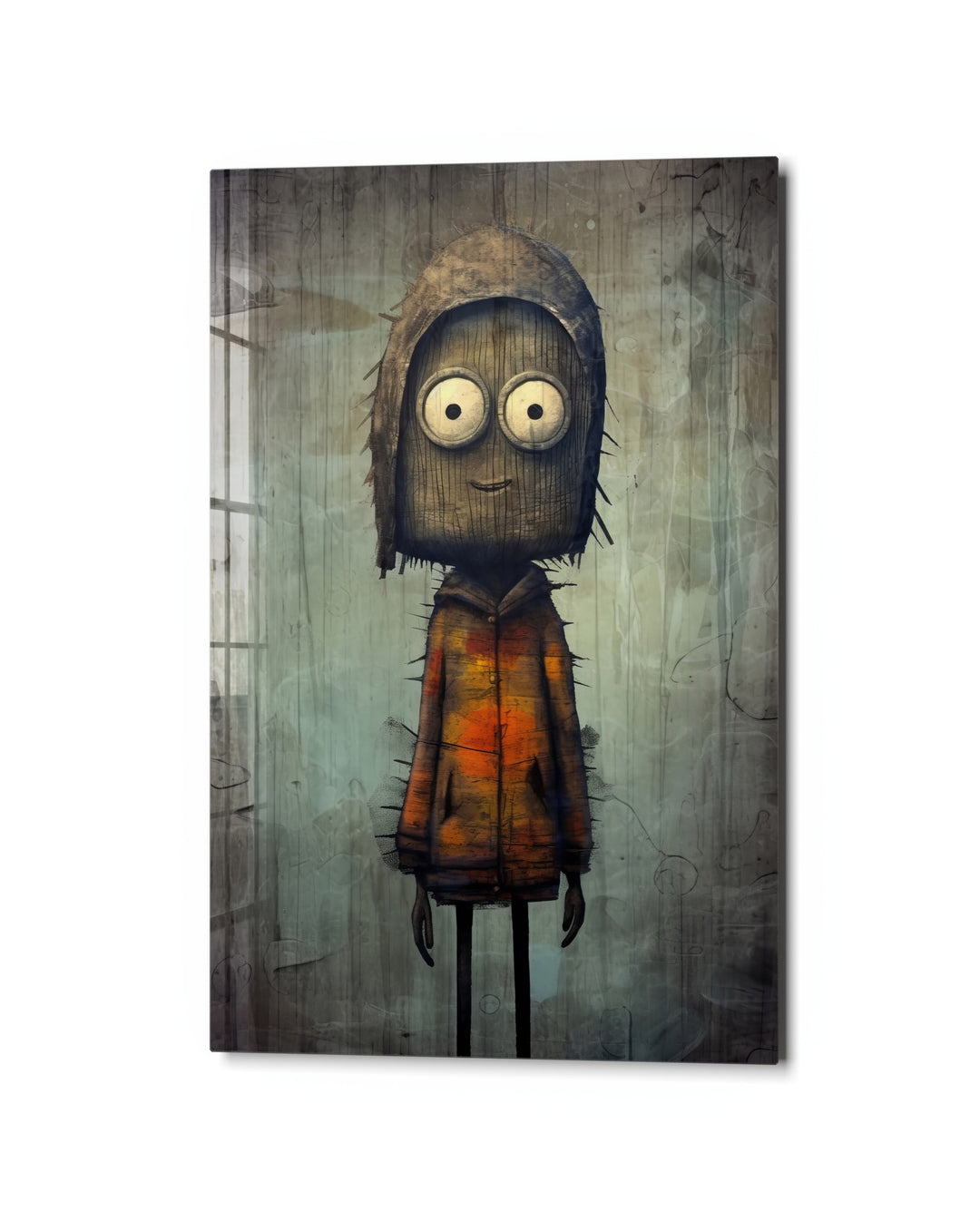 Hooded Kid With Big Eyes glass wall art, studio view