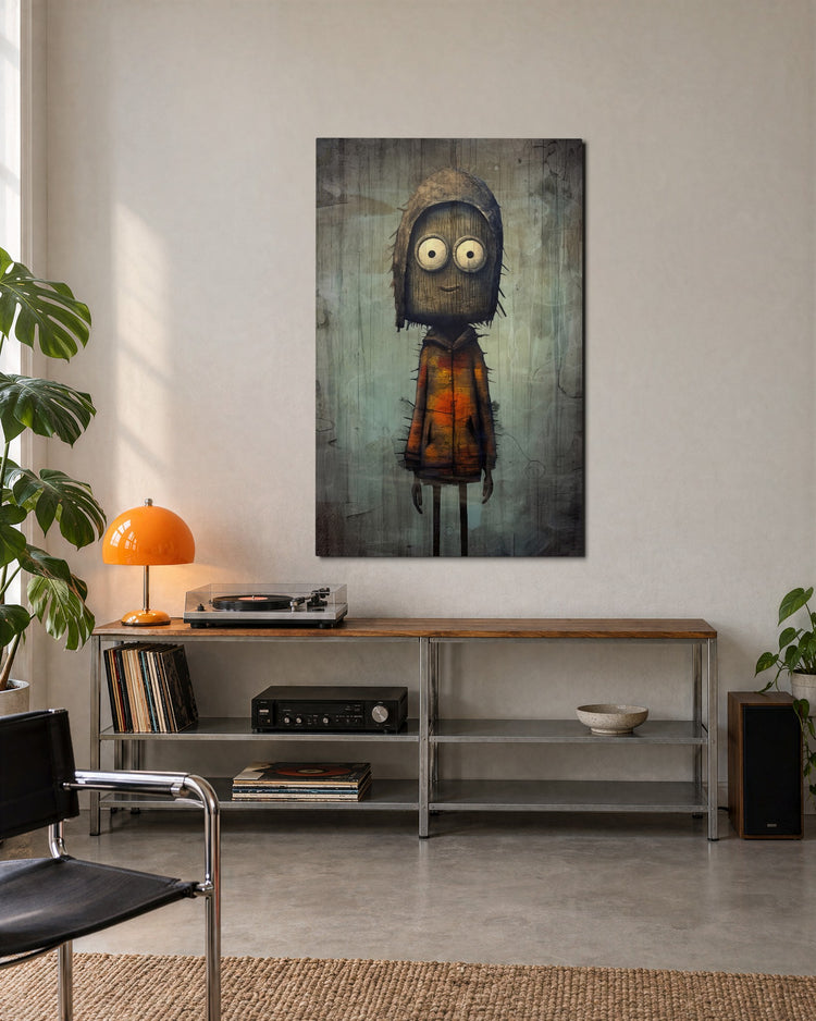 Hooded Kid With Big Eyes glass wall art, lifestyle view