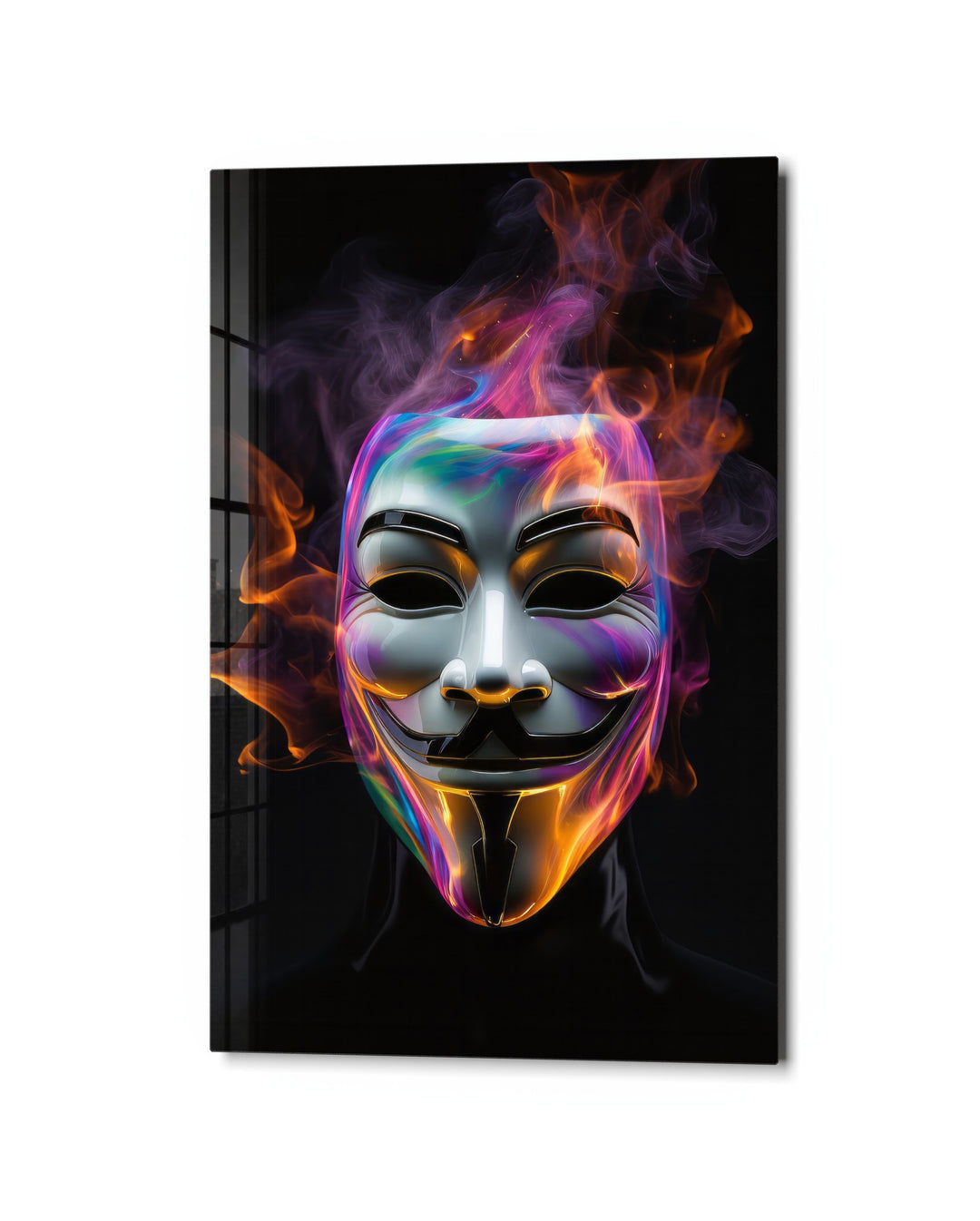 Grinning Mask in Neon Smoke glass wall art, studio view