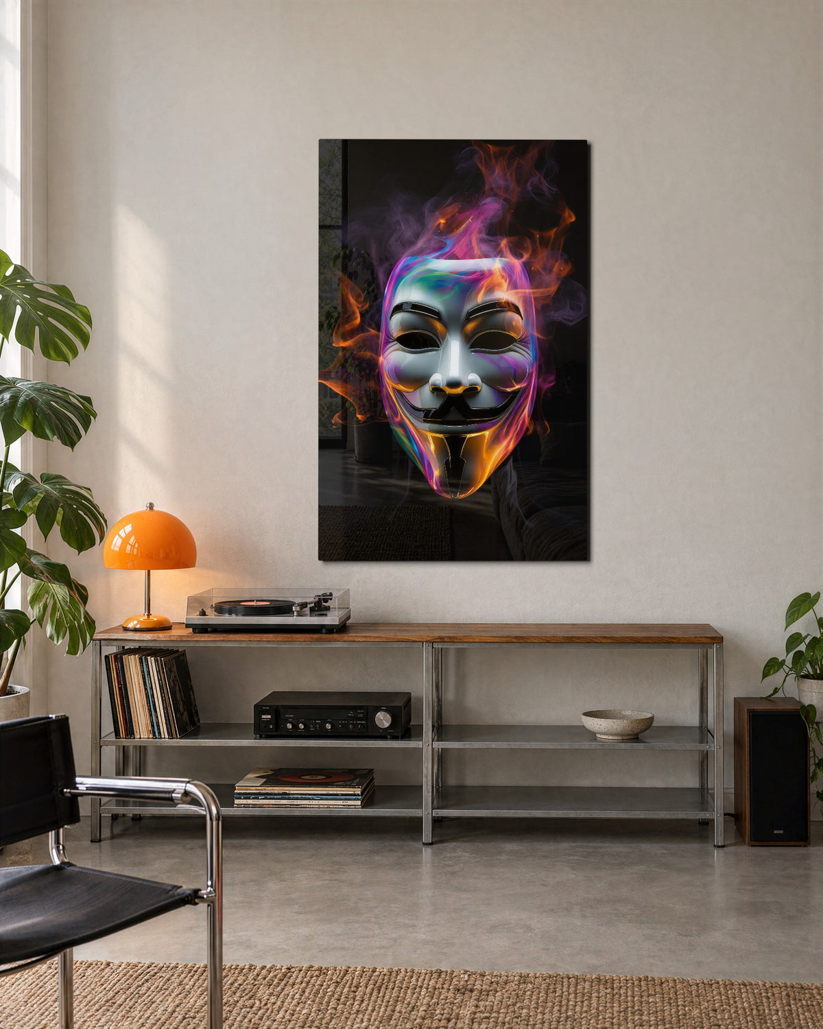 Grinning Mask in Neon Smoke glass wall art, lifestyle view