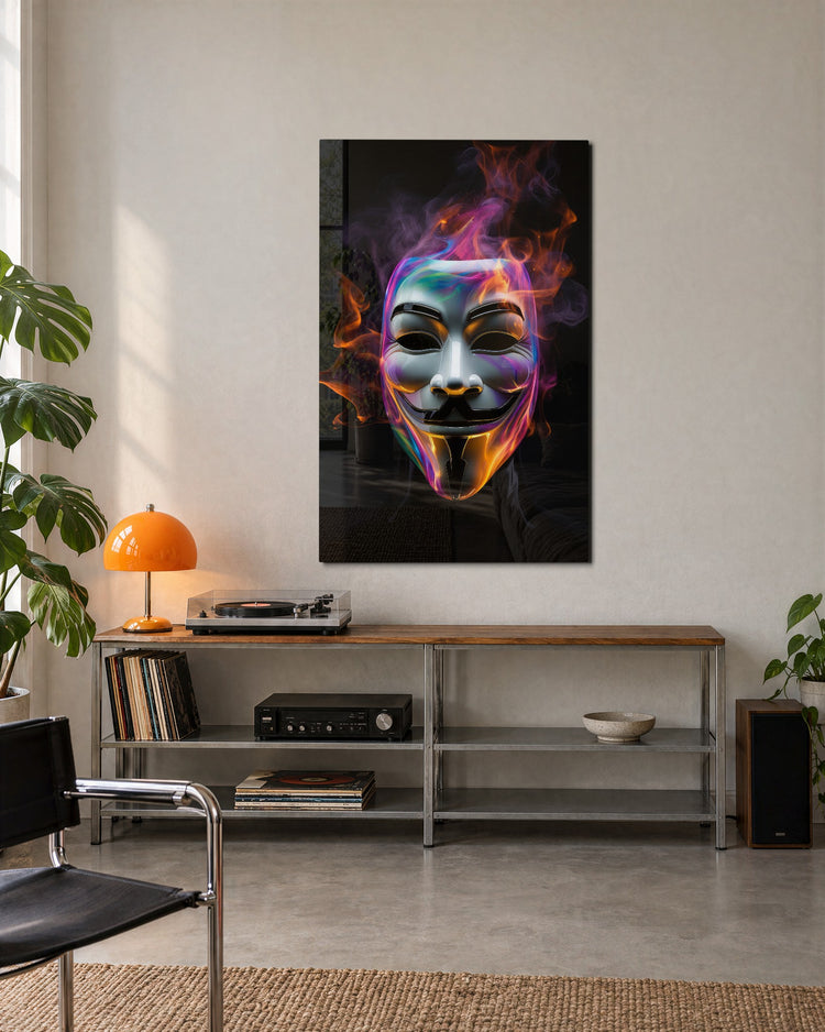 Grinning Mask in Neon Smoke glass wall art, lifestyle view