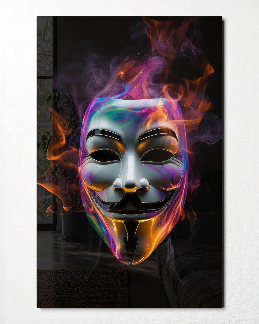 Grinning Mask in Neon Smoke glass wall art, front view