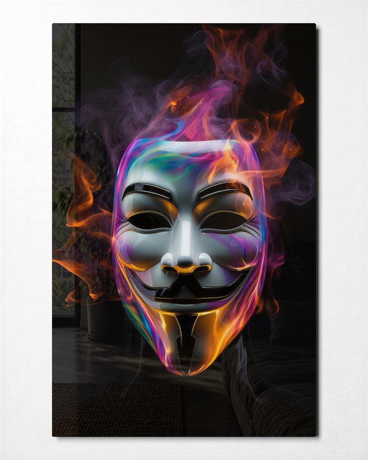 Grinning Mask in Neon Smoke glass wall art, front view