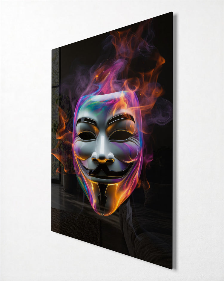 Grinning Mask in Neon Smoke glass wall art, side view