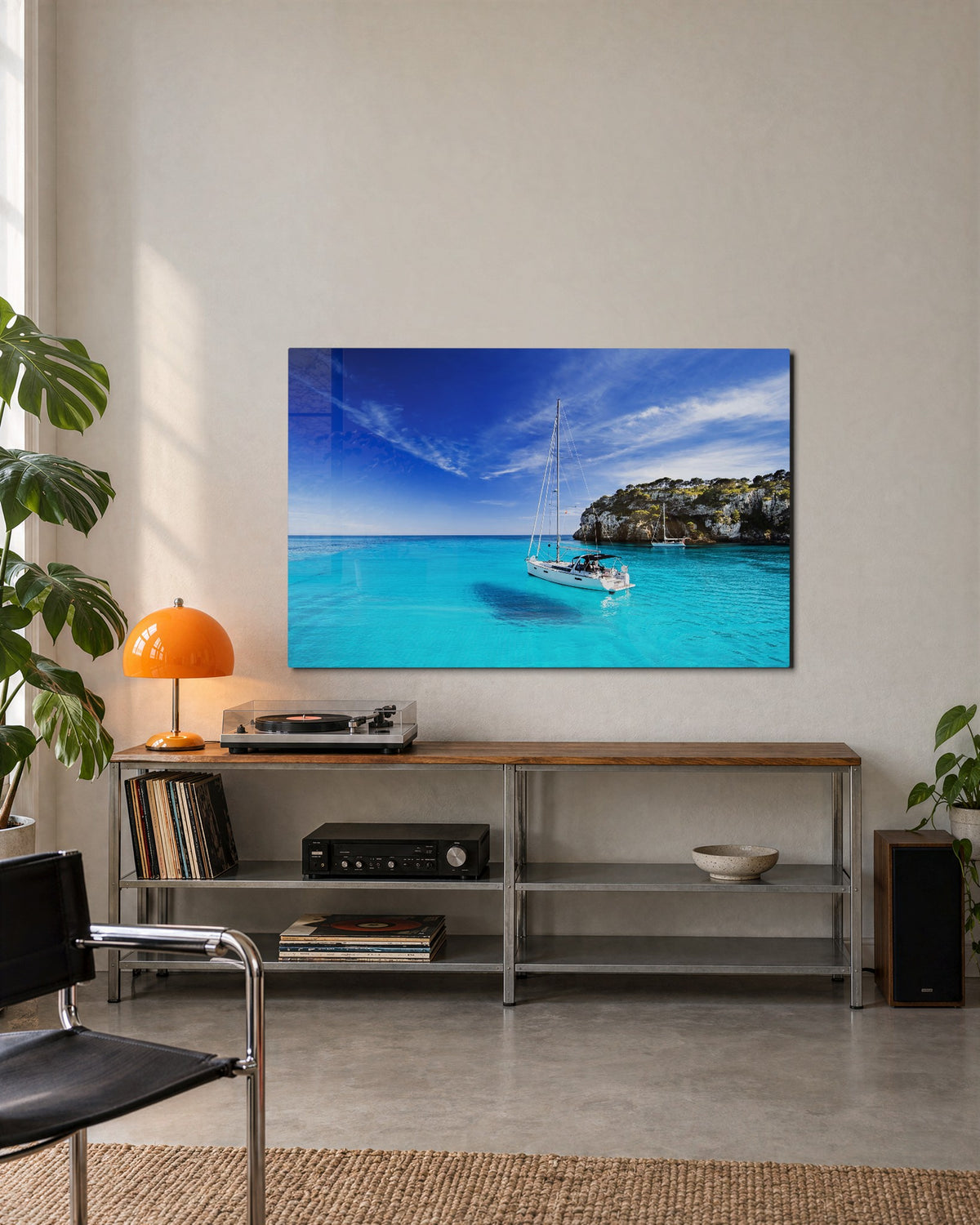 Sailboat by the Cliffs glass wall art, lifestyle view