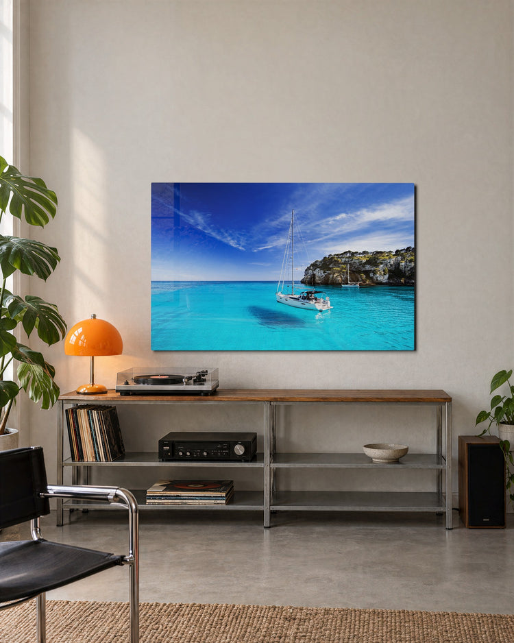 Sailboat by the Cliffs glass wall art, lifestyle view