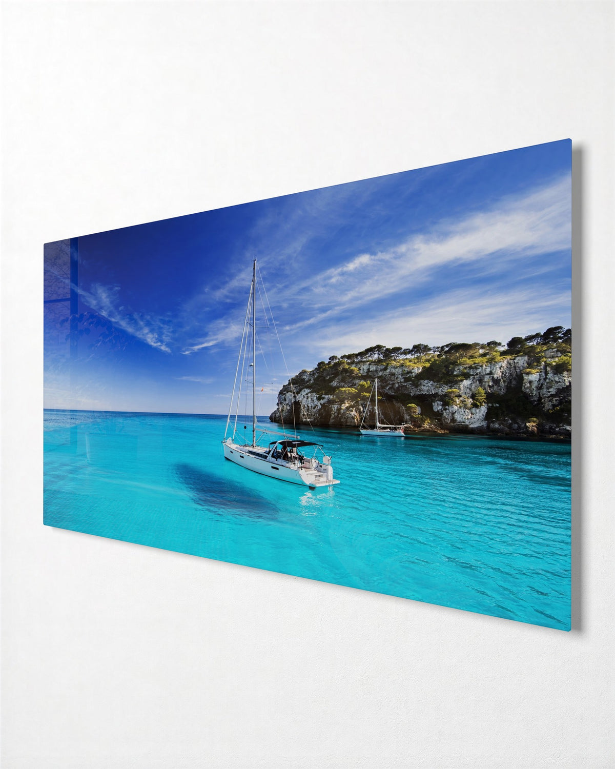 Sailboat by the Cliffs glass wall art, side view