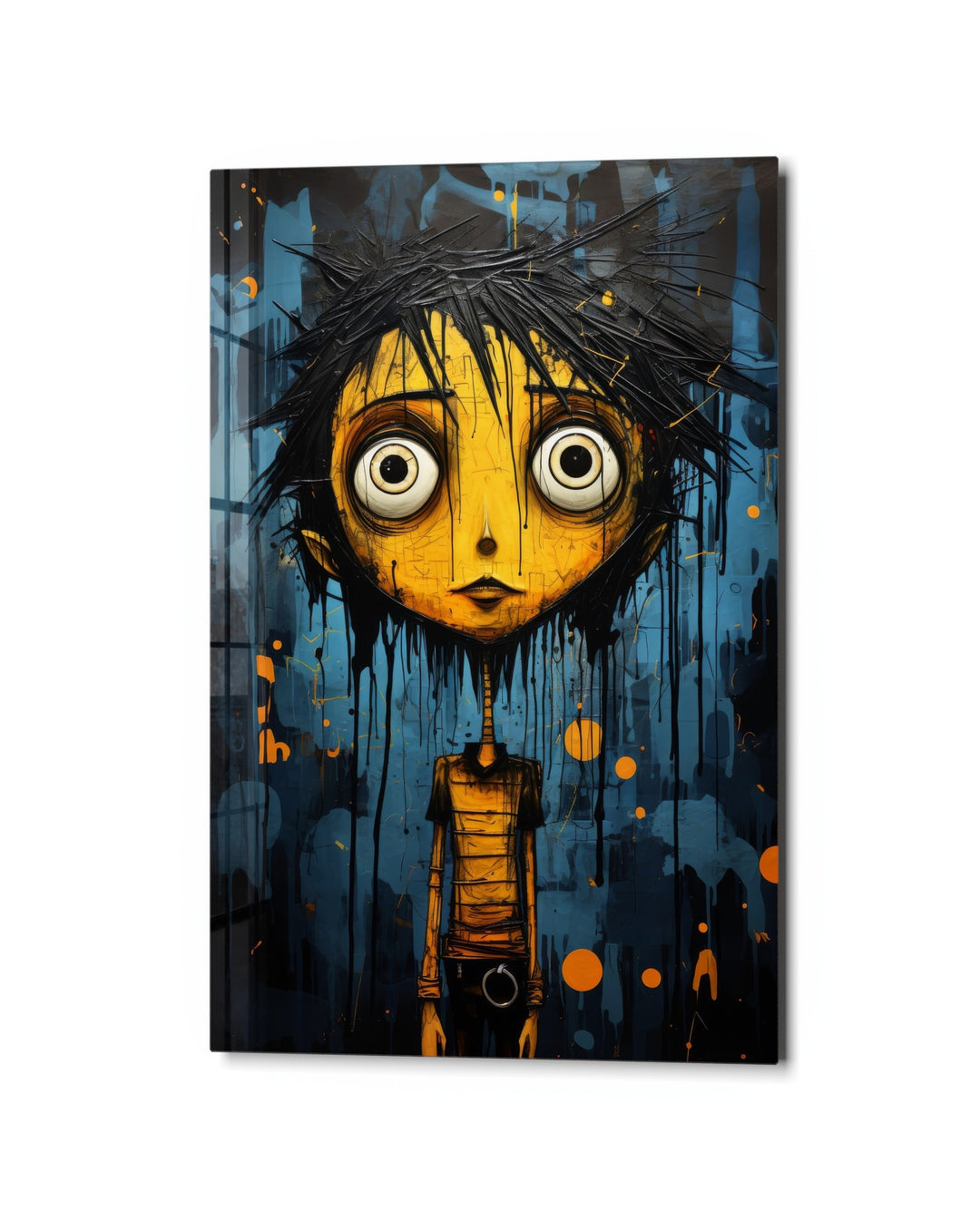 Wide-Eyed Kid on Blue glass wall art, studio view
