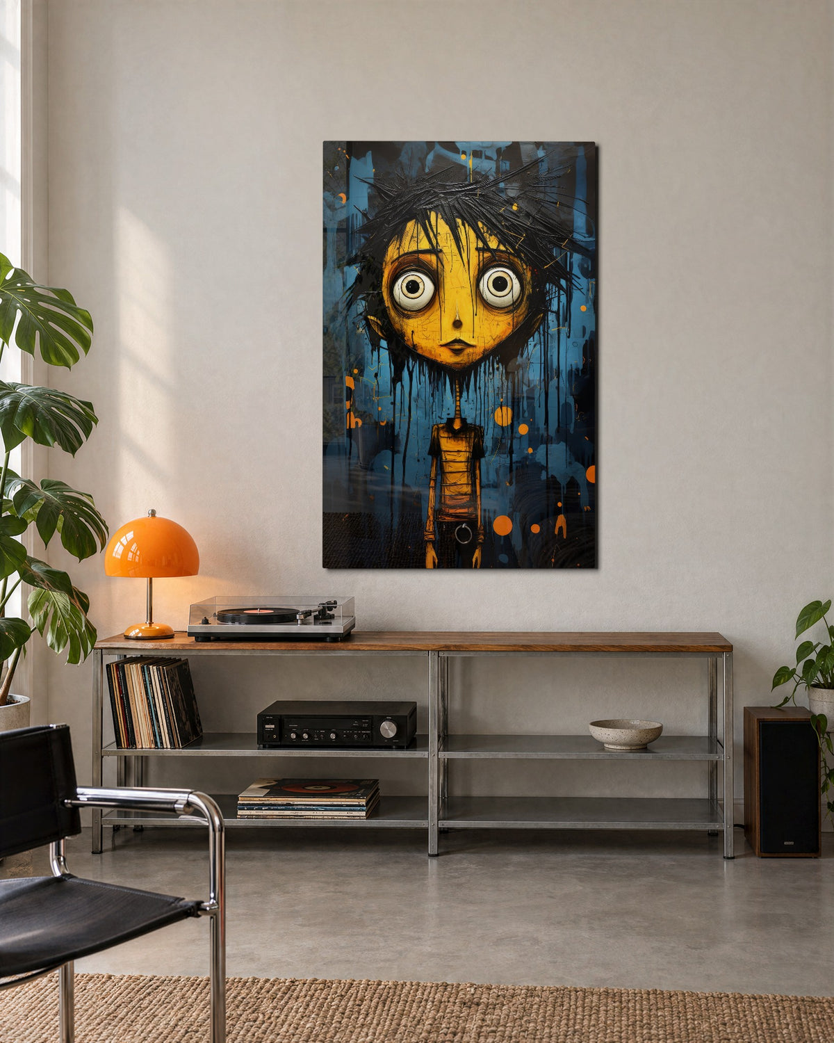 Wide-Eyed Kid on Blue glass wall art, lifestyle view