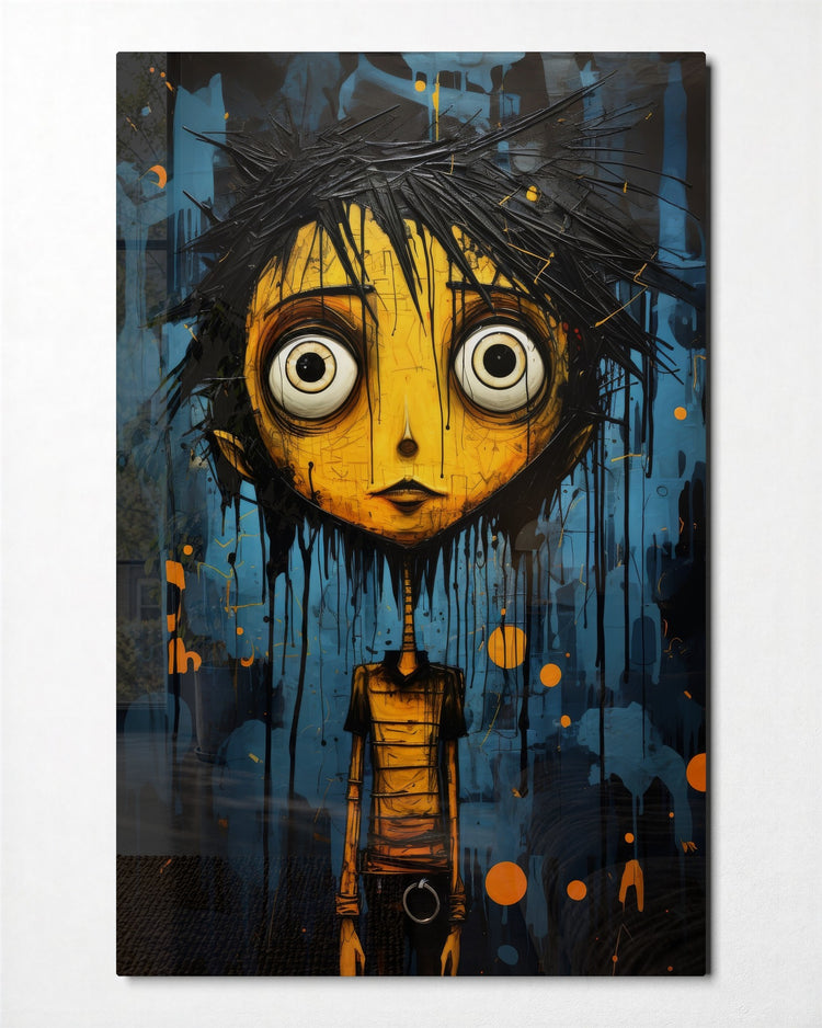 Wide-Eyed Kid on Blue glass wall art, front view