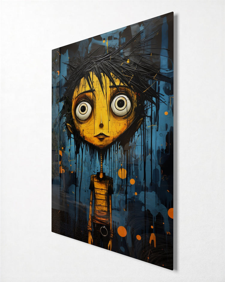 Wide-Eyed Kid on Blue glass wall art, side view