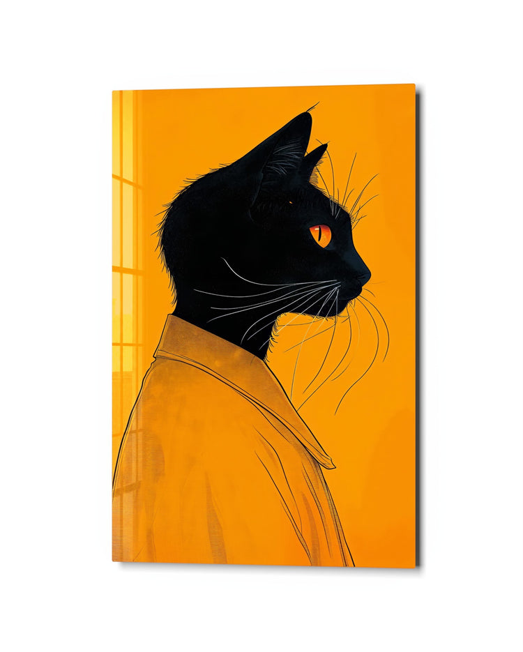Black Cat in an Orange Shirt glass wall art, studio view