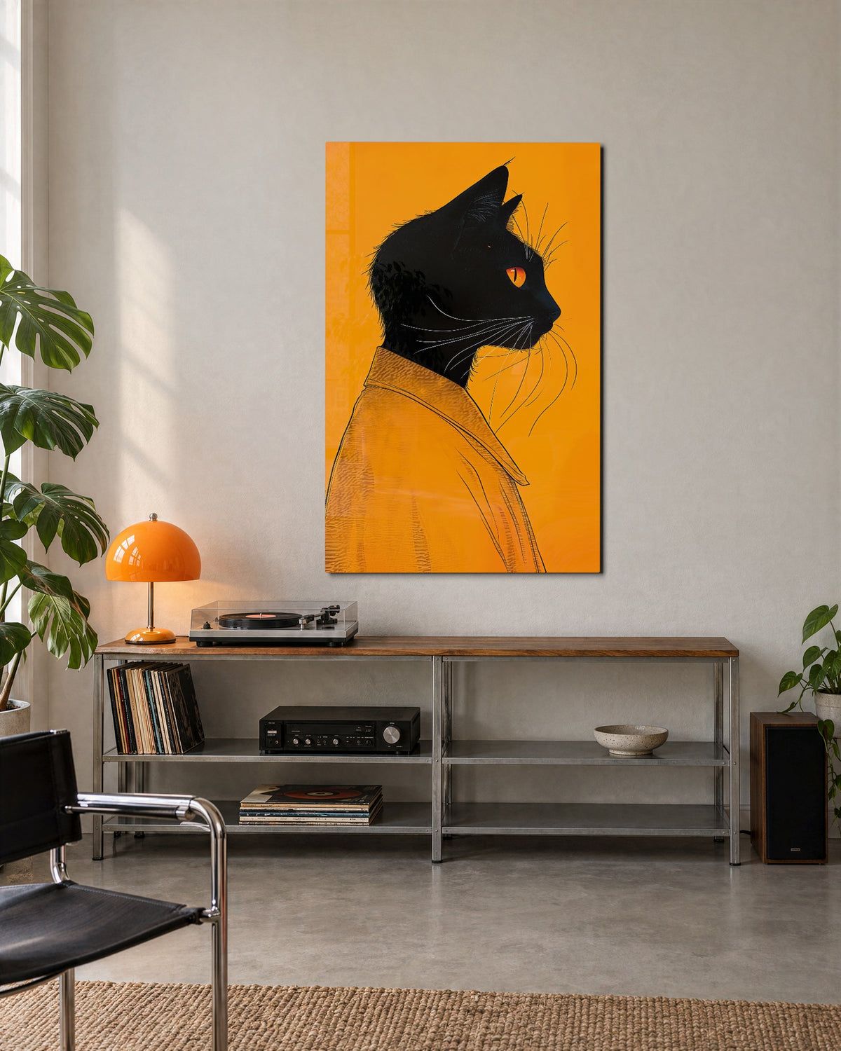 Black Cat in an Orange Shirt glass wall art, lifestyle view