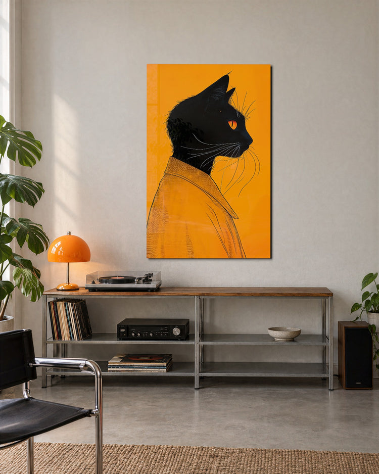 Black Cat in an Orange Shirt glass wall art, lifestyle view