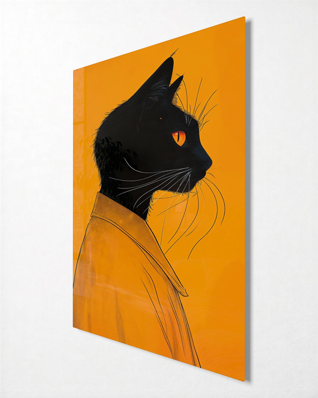 Black Cat in an Orange Shirt glass wall art, side view