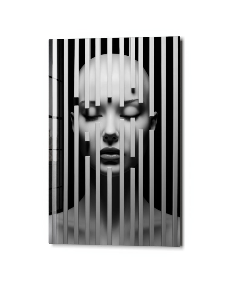 Face Behind Bars glass wall art, studio view