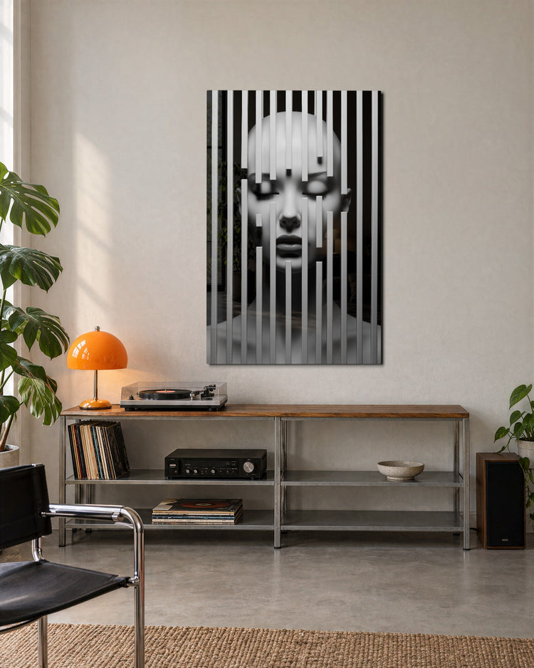 Face Behind Bars glass wall art, lifestyle view