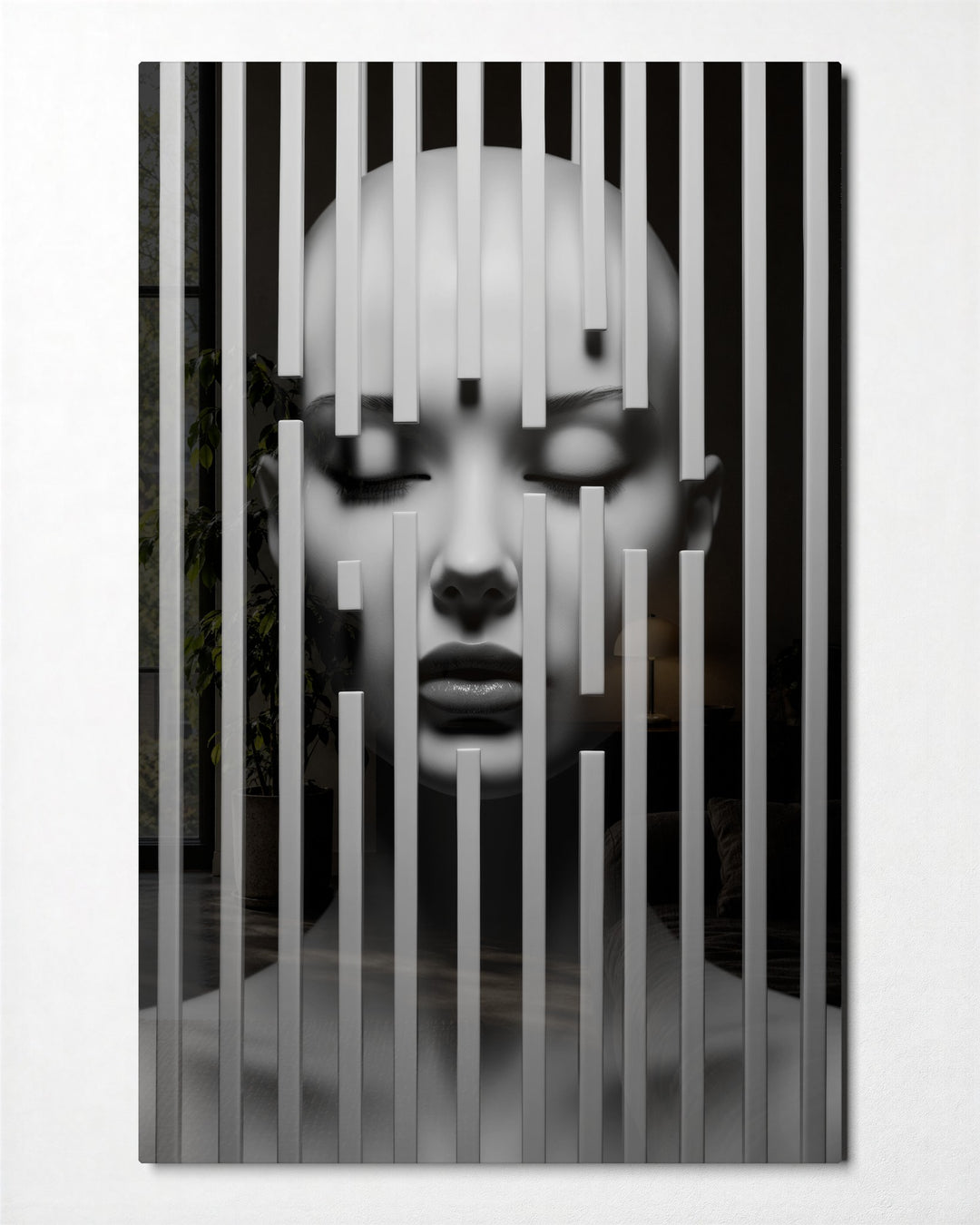 Face Behind Bars glass wall art, front view