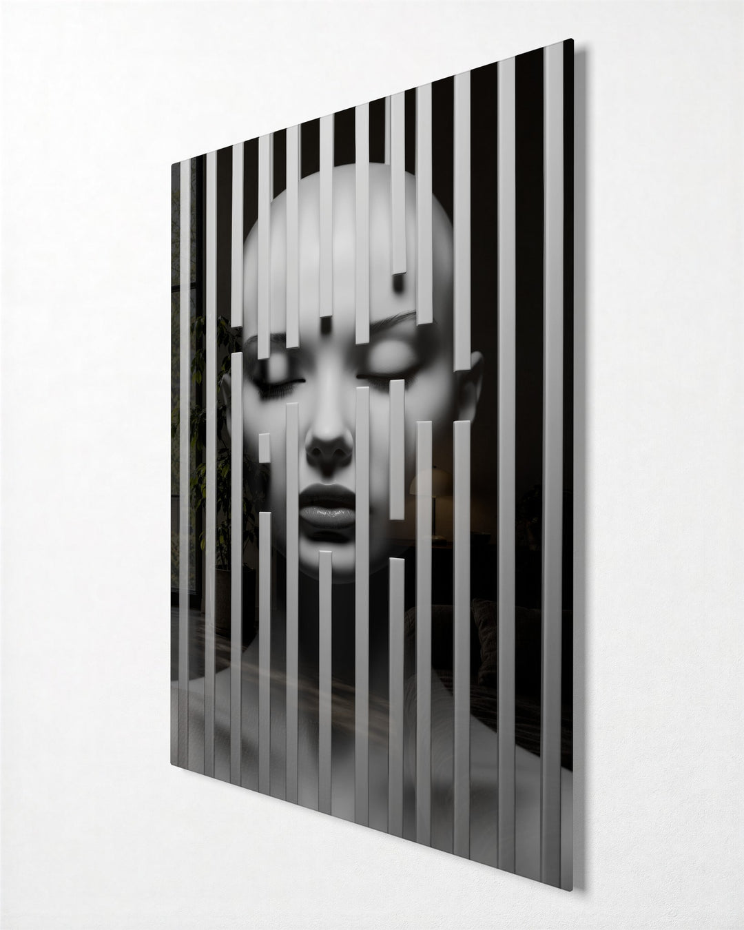 Face Behind Bars glass wall art, side view