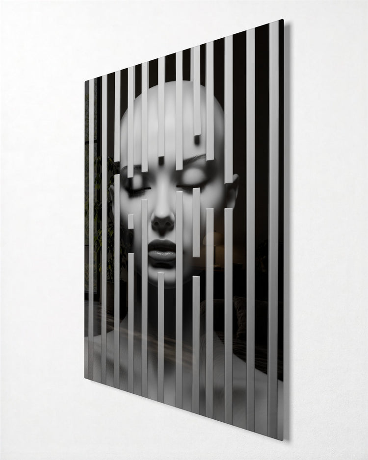 Face Behind Bars glass wall art, side view