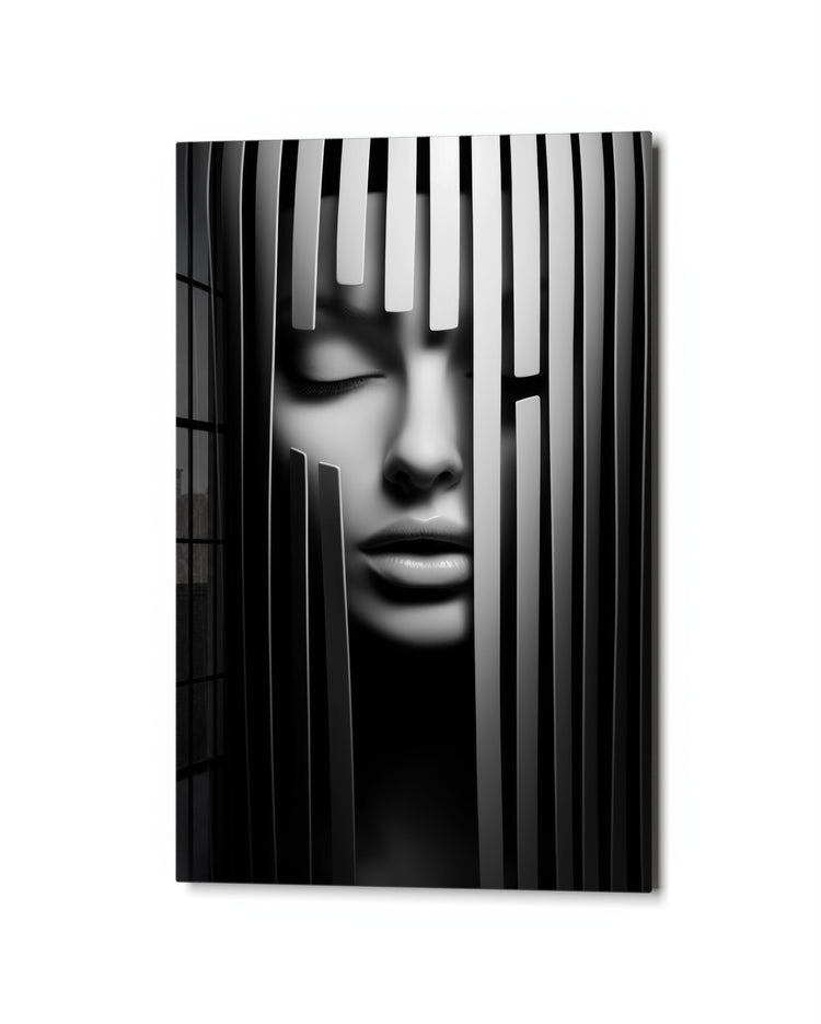 Face Behind the Stripes glass wall art, studio view