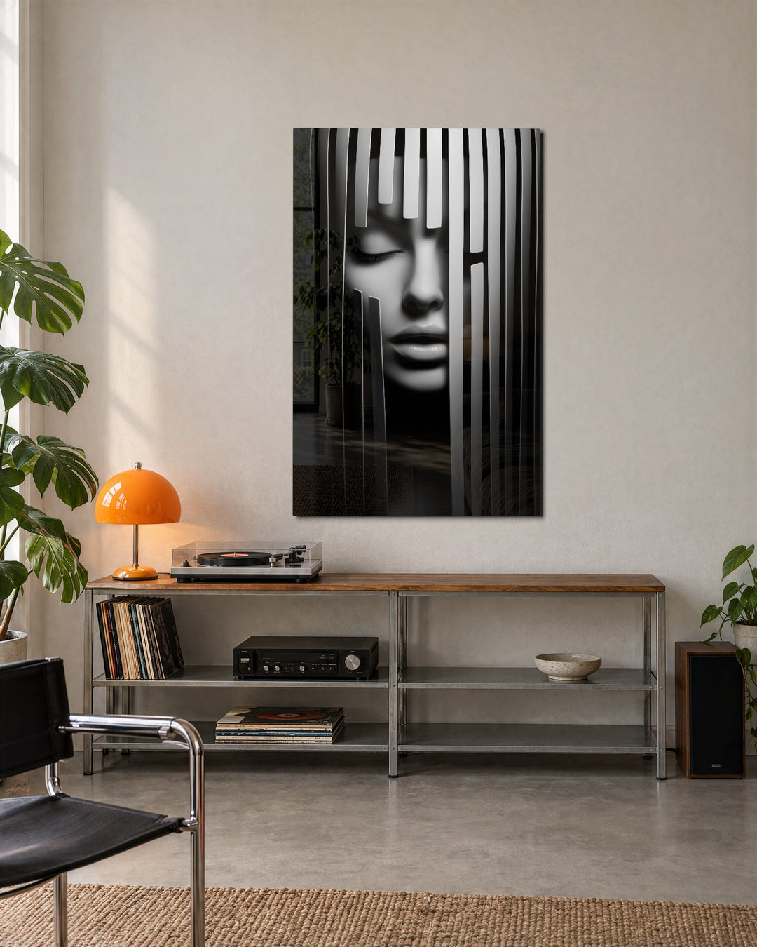 Face Behind the Stripes glass wall art, lifestyle view