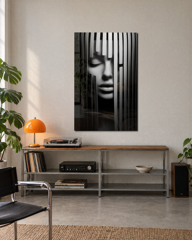 Face Behind the Stripes glass wall art, lifestyle view