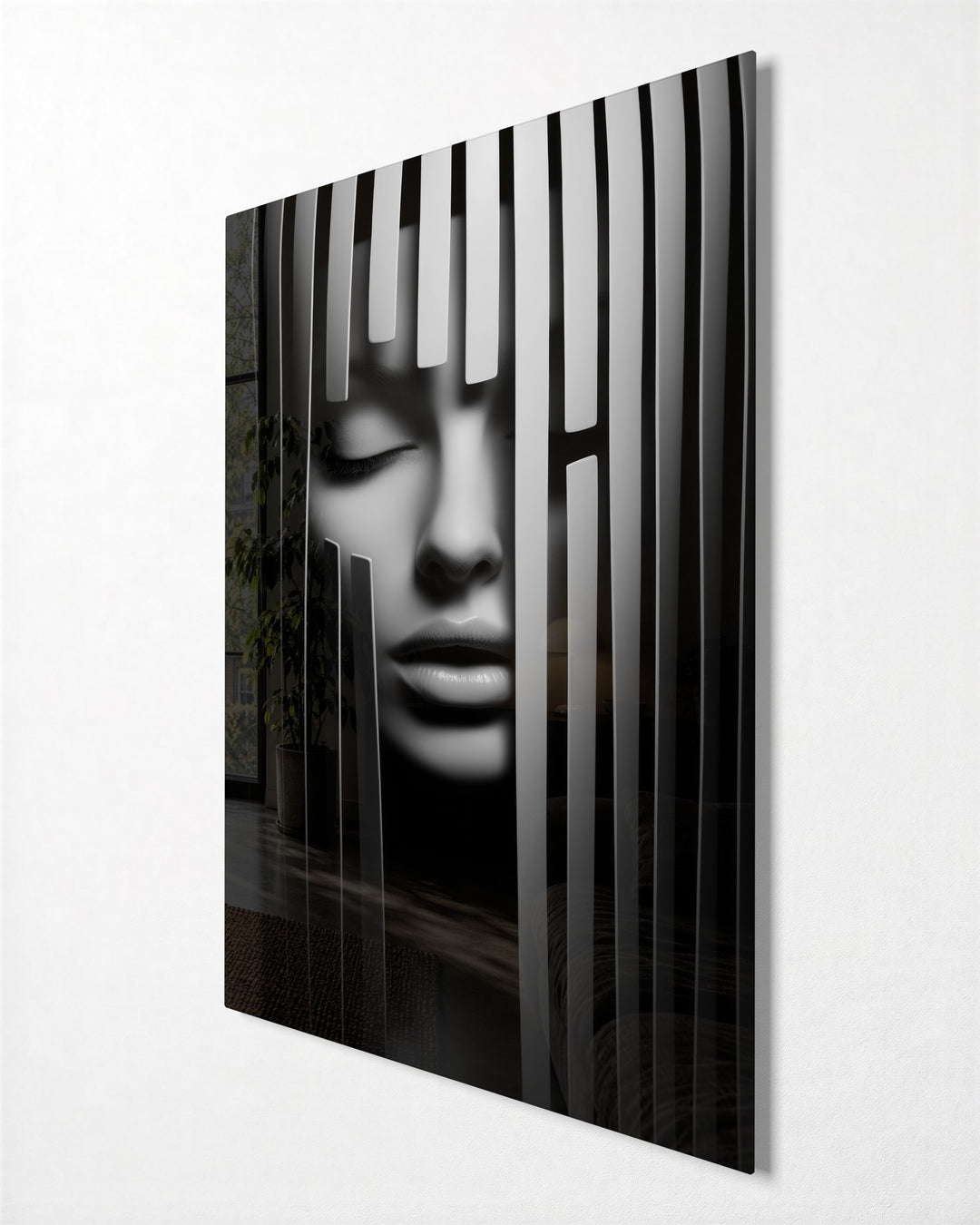 Face Behind the Stripes glass wall art, side view