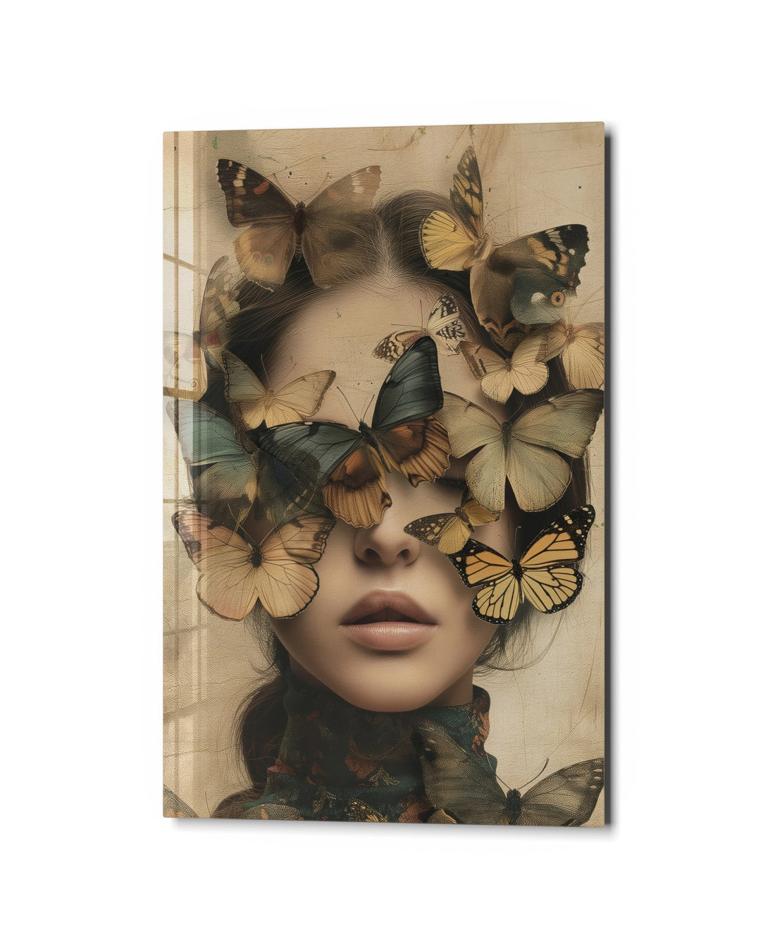 Veiled by Butterflies glass wall art, studio view