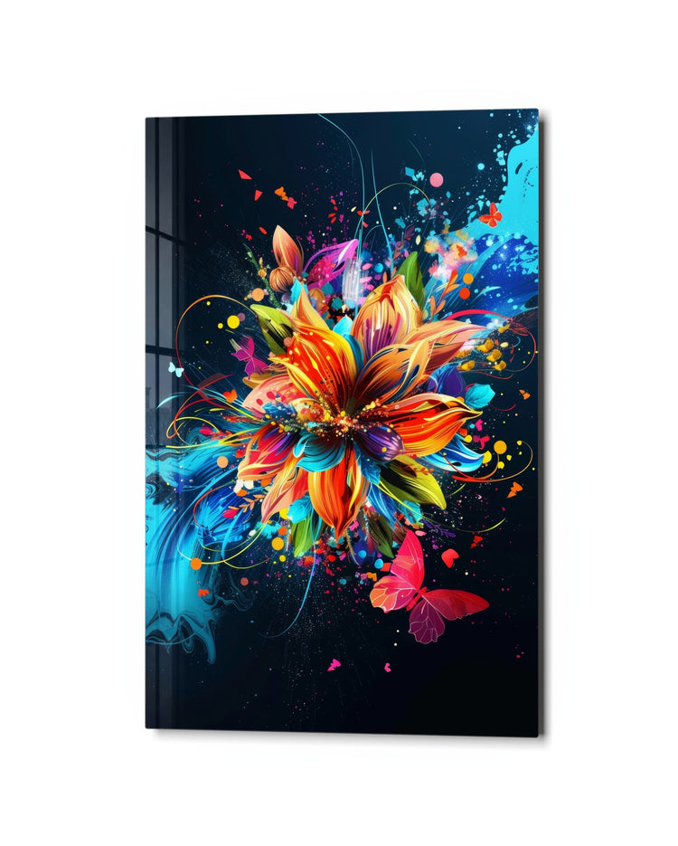Bloom in a Paint Storm glass wall art, studio view
