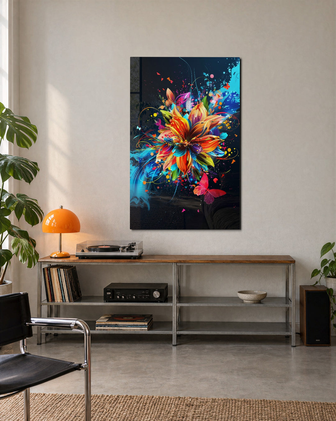 Bloom in a Paint Storm glass wall art, lifestyle view