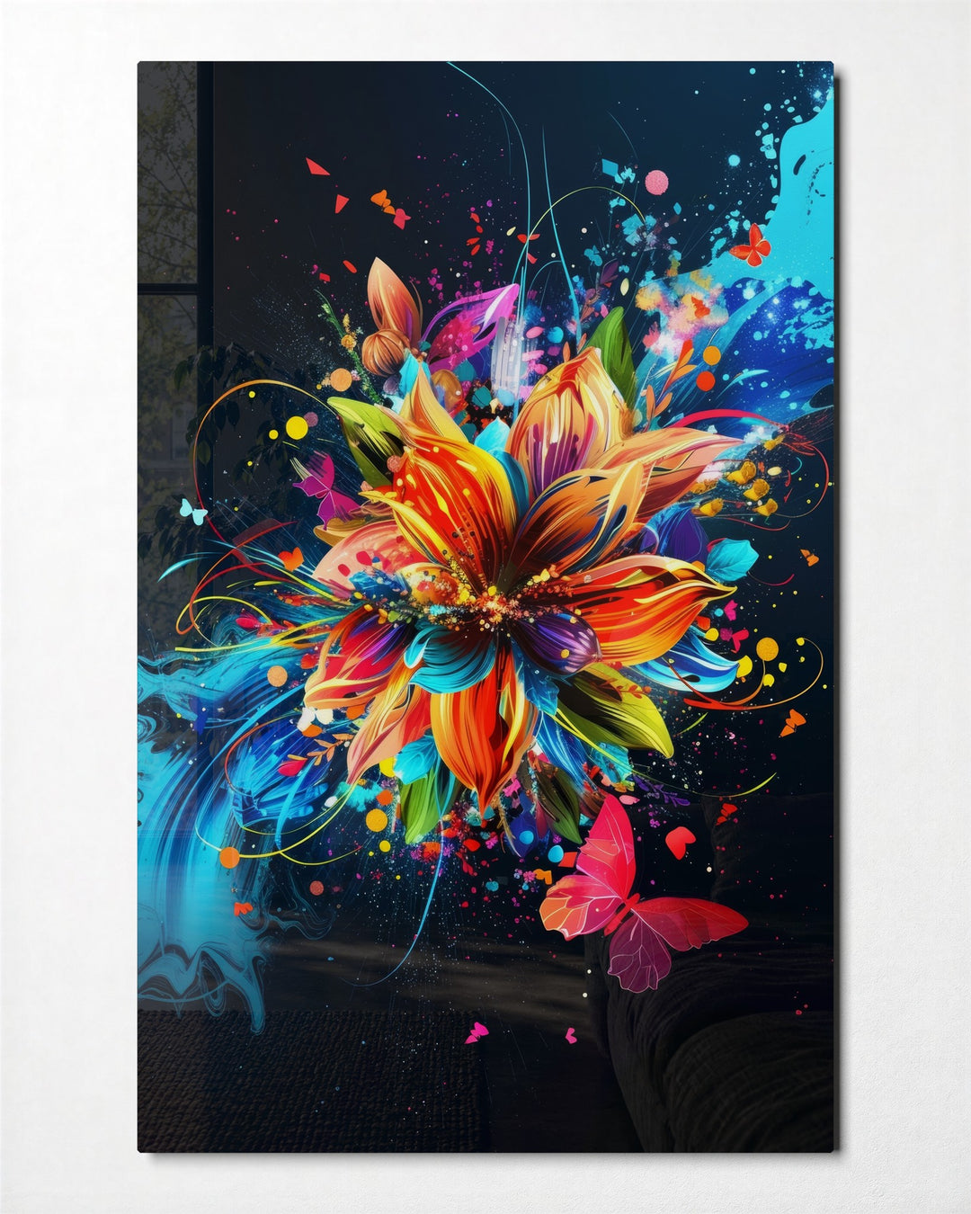 Bloom in a Paint Storm glass wall art, front view