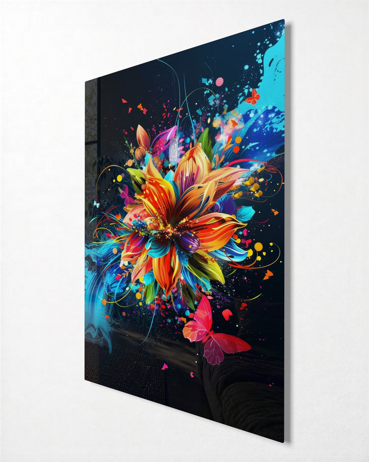 Bloom in a Paint Storm glass wall art, side view