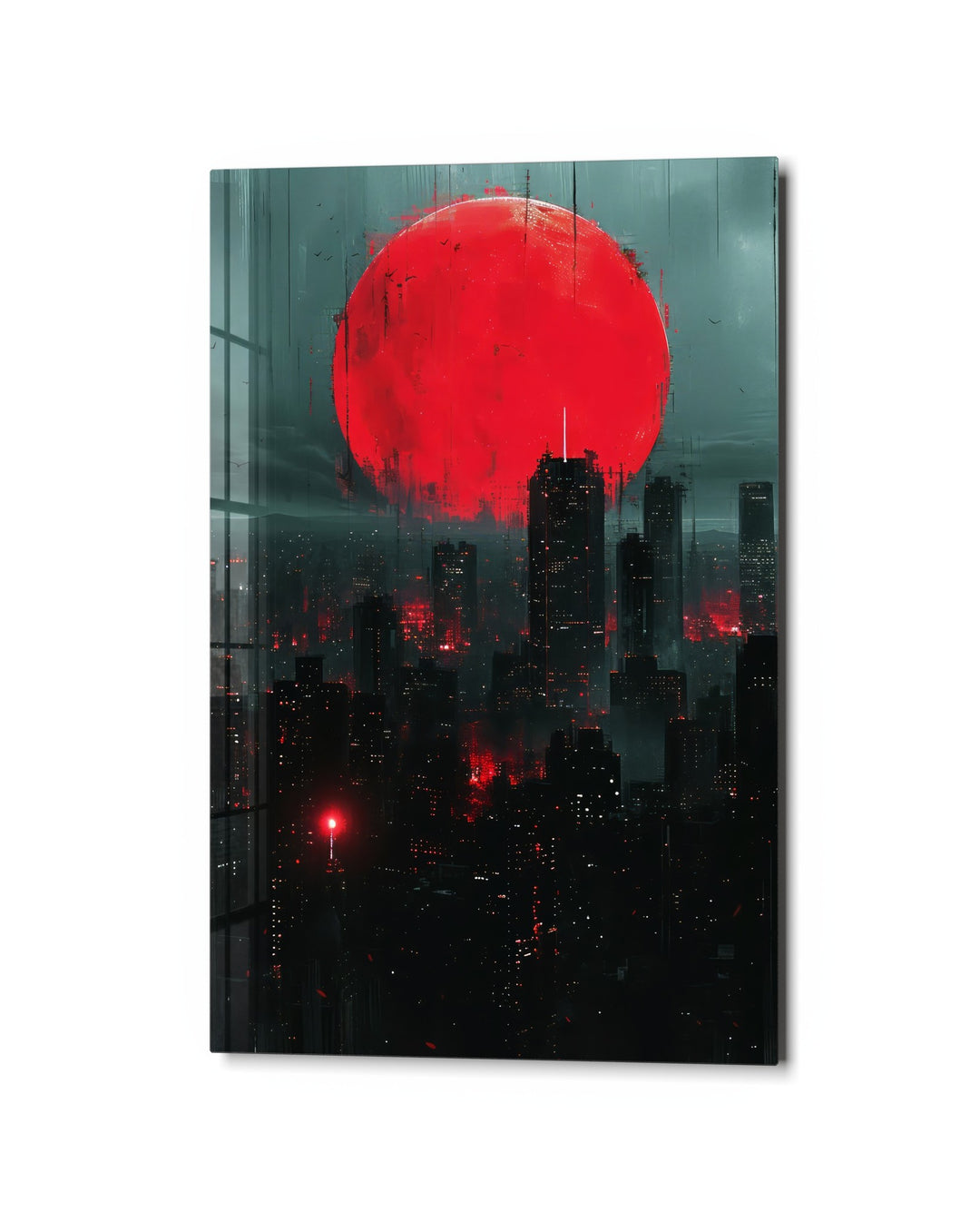 Red Sun Over the City glass wall art, studio view