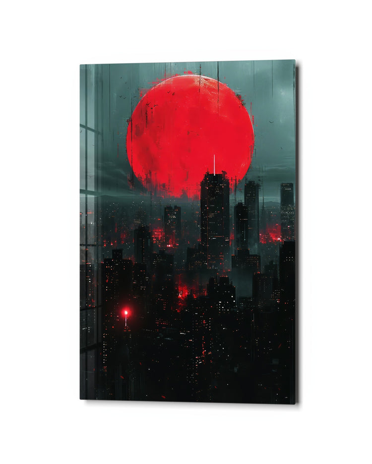 Red Sun Over the City glass wall art, studio view