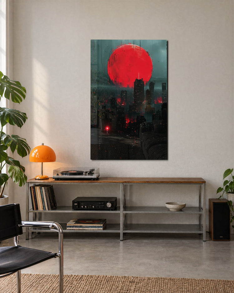 Red Sun Over the City glass wall art, lifestyle view