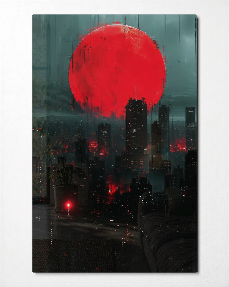 Red Sun Over the City glass wall art, front view